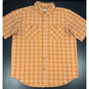 Orvis Large Shirt Orange Plaid Button Up Front Short Sleeve Pockets Mens